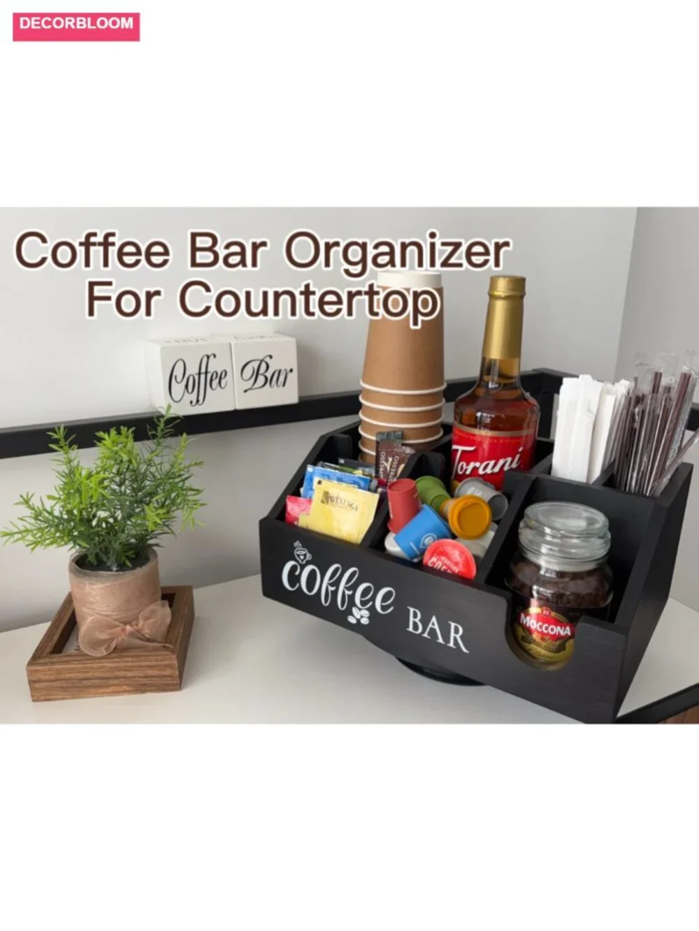 Rustic Wood Coffee Station Organizer, 6 Compartment Counter Storage Basket